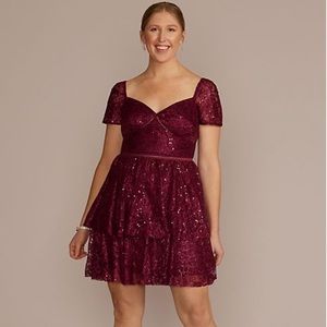 Short Sleeve Illusion Lace Tiered Ruffle Midi Dress